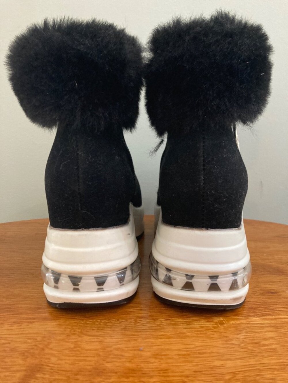 Faux Fur-Trimmed Black Wedge Ankle Boots With Air Cushion Sole Y2K, Gorpcore - Picture 4 of 7